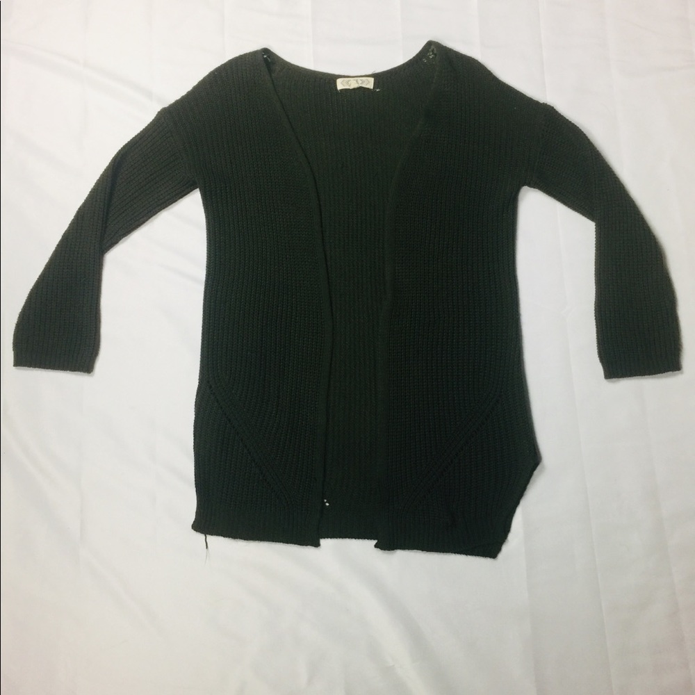 This a olive green cardigan and its 100% acrylic.